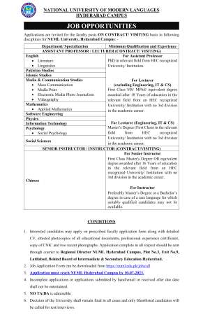 Thumbnail of Senior Instructor @ NUML University, Hyderabad Campus