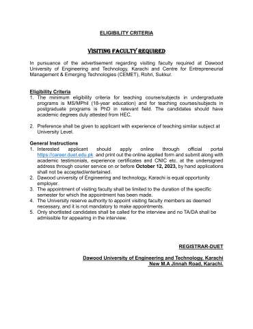 Visiting Faculty Positions @ Dawood University of Engineering and Technology, Karachi