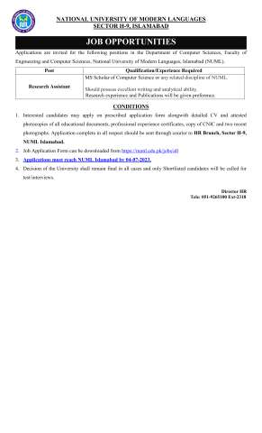 Thumbnail of Research Assistant @ NUML Main Campus Islamabad