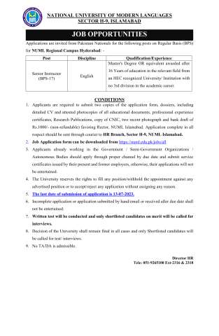 Senior Instructor (BPS-17)