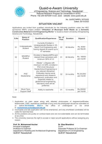 Thumbnail of MS/MPhil Student @ Quaid-e-Awam University of Engineering, Science & Technology (QUEST)