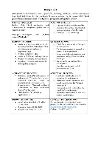 Thumbnail of Research Assistant @ Sindh Agriculture University (SAU), Tandojam
