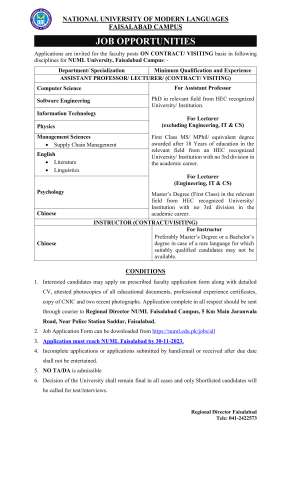 Assistant Professor / Lecturer (Computer Science, Software Engineering, Information Technology, Physics, Management Sciences, English, Psychology, Chinese)