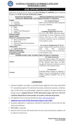 Assistant Professor / Lecturer (English, Management Sciences, Pakistan Studies, Islamic Studies, Media & Communication Studies, Mathematics, Software Engineering, Information Technology, Computer Scie