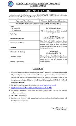 Assistant Professor / Lecturer (English, Psychology, Mass Communication, International Relations, Education, Information Technology, Computer Science, Software Engineering)