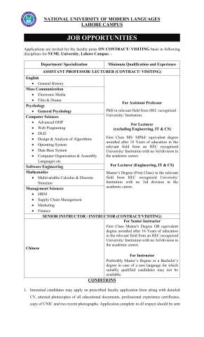 Assistant Professor / Lecturer (English, Psychology, Mass Communication, Mathemetics, Management Sciences, Computer Science, Software Engineering)