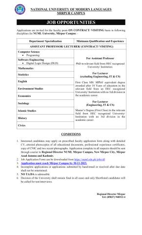 Assistant Professor / Lecturer (Computer Science, Software Engineering, Mathematics, Statistics, English, Environmental Studies, Economics, Socialogy, Islamic Studies, History, Civics)