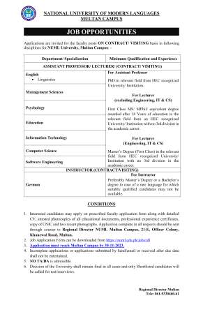 Assistant Professor / Lecturer (English, Management Sciences, Psychology, Education, Information Technology, Computer Science, Software Engineering)