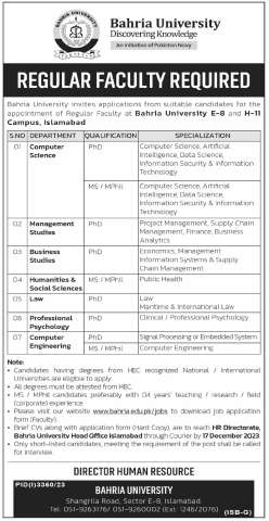 Regular Faculty Required at Department of Computer Science