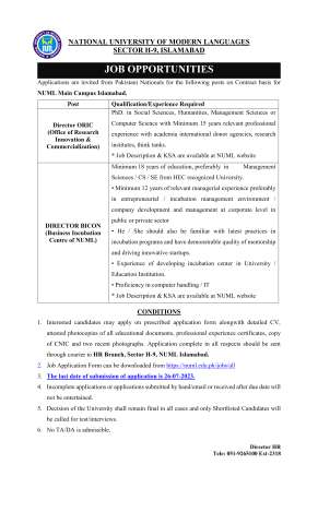 Thumbnail of DIRECTOR BICON (Business Incubation Centre of NUML) @ NUML Main Campus Islamabad