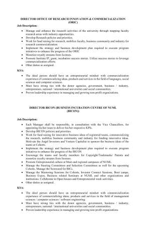 DIRECTOR BICON (Business Incubation Centre of NUML) @ NUML Main Campus Islamabad