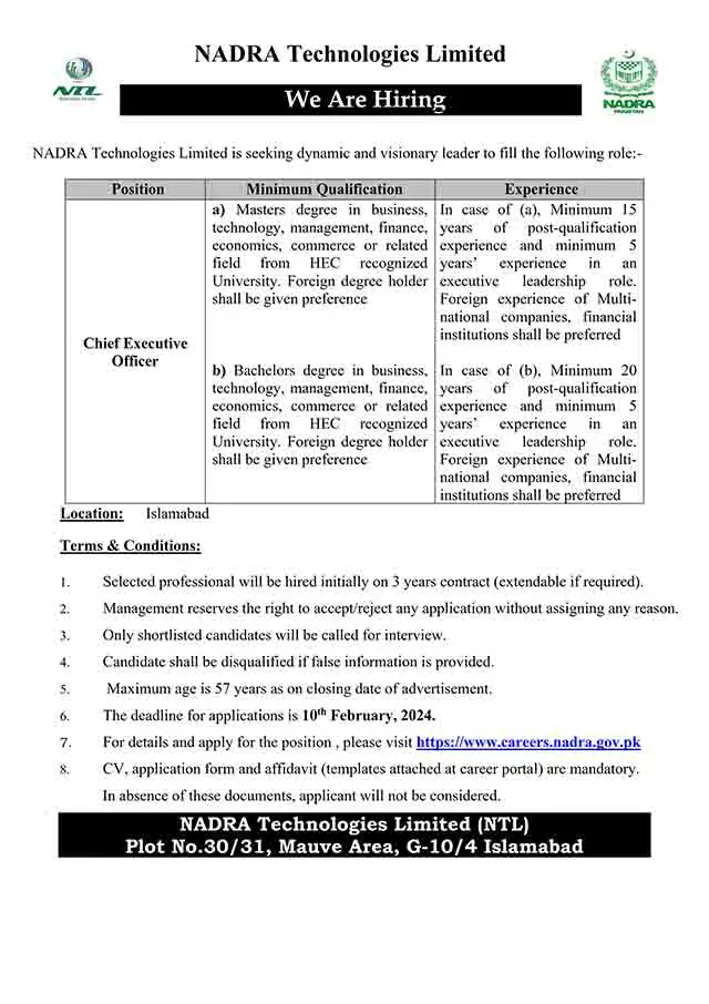Chief Executive Officer (CEO) NADRA Technologies Limited
