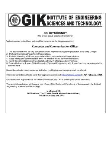 Thumbnail of Computer and Communication Officer @ GIK institute of Engineering Sciences & Technology