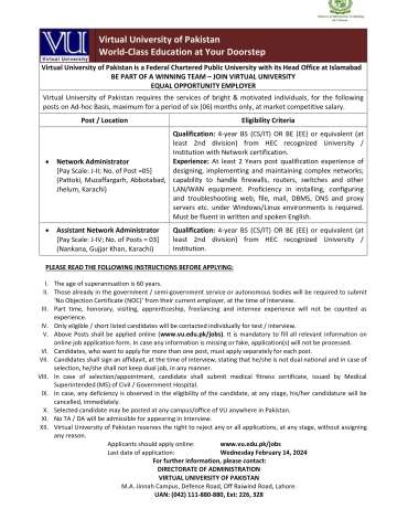 Thumbnail of Network Administrator (Networking) (J-II) @ Virtual University (VU) of Pakistan