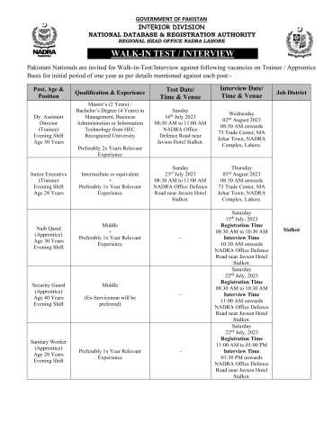 Thumbnail of Sanitary Worker (Apprentice) @ National Database and Registration Authority (NADRA)