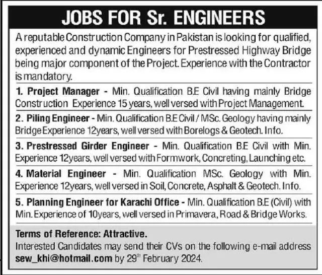 Planning Engineer for Karachi Office