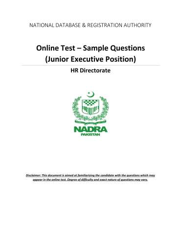 Junior Executive (Trainee) - Walk-In Test/Interview [With Sample Papers] for Moro, Dadu, Johi, K. Nathan Shah, Khairpur, Pacca Chang, Pir Jo Goth, Sobhodero @ National Database and Registration Authority (NADRA)