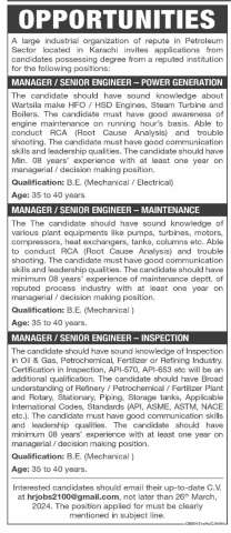 MANAGER / SENIOR ENGINEER - MAINTENANCE