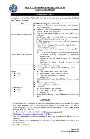 Thumbnail of Auto Electrician (• HTV • LTV) @ NUML Main Campus Islamabad