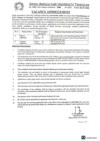 Thumbnail of Driver (BPS-05) @ Sindh Agriculture University (SAU), Tandojam