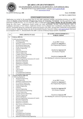 Teaching and Non-Teaching Positions (Professor (BPS-21), Associate Professor (BPS-20), Assistant Professor (BPS-19))