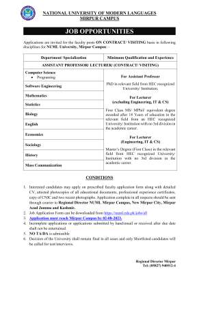 Thumbnail of Assistant Professor (Computer Science) @ NUML University, Mirpur Campus