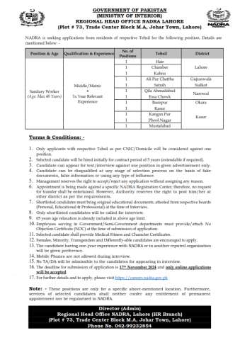 Sanitary Workers (Lahore Region) (Contractual)