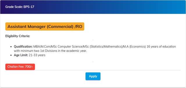 Assistant Manager (Commercial) /RO (BPS-17)