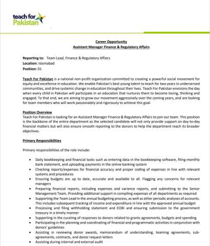 Assistant Manager Finance & Regulatory Affairs