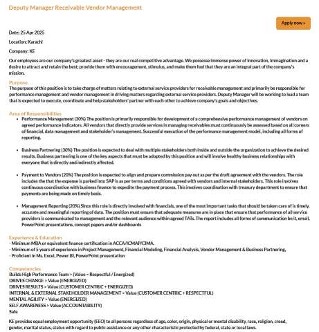 Deputy Manager Receivable Vendor Management