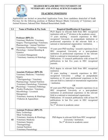 Thumbnail of Lecturer (BPS-18) - Pakistan Studies / Statistics @ Shaheed Benazir Bhutto University of Veterinary and Animal Sciences, Sakrand