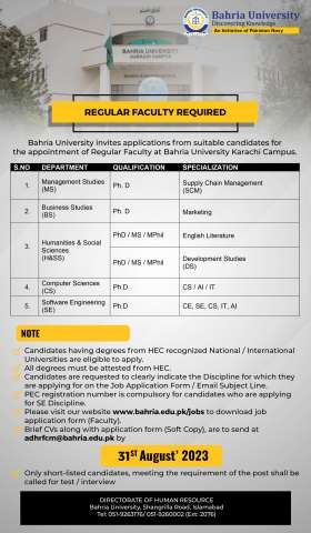 Regular Faculty Required - Management Studies (MS)