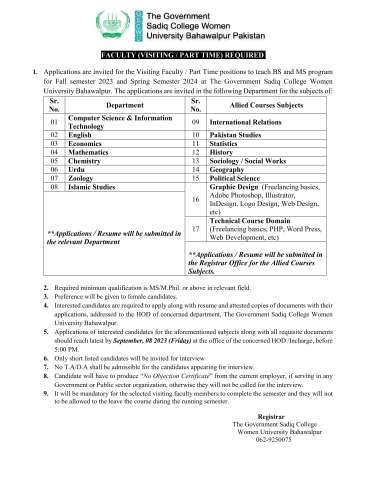 Visiting Faculty / Part Time Positions - Computer Science & Information Technology